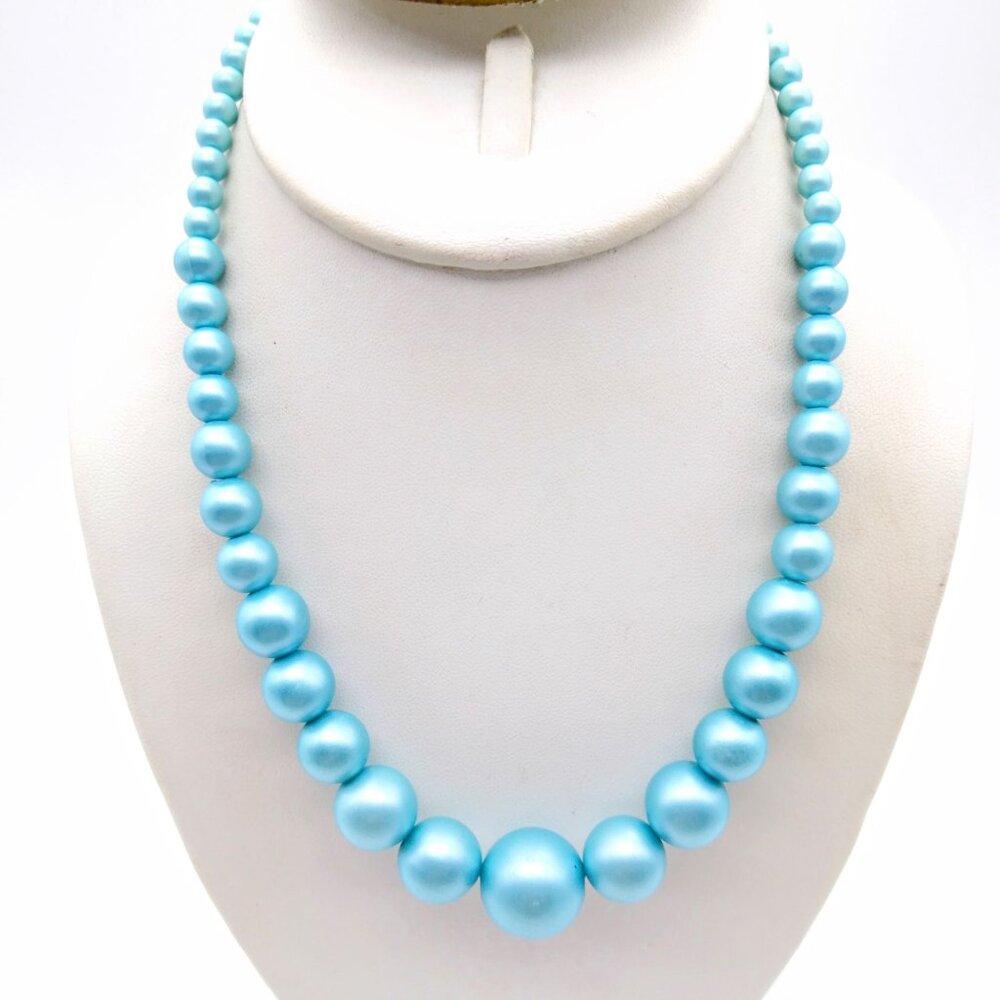 Satin Finish Blue Bead Choker, Vintage Stretch Graduated Strand Necklace